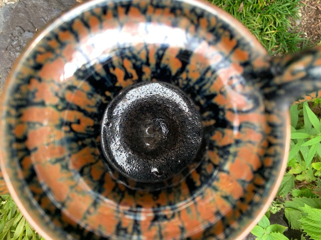 京都• 鎌田幸二　陶器製 水差しのハンドル　黒と茶色の模様 侘び寂び　茶道