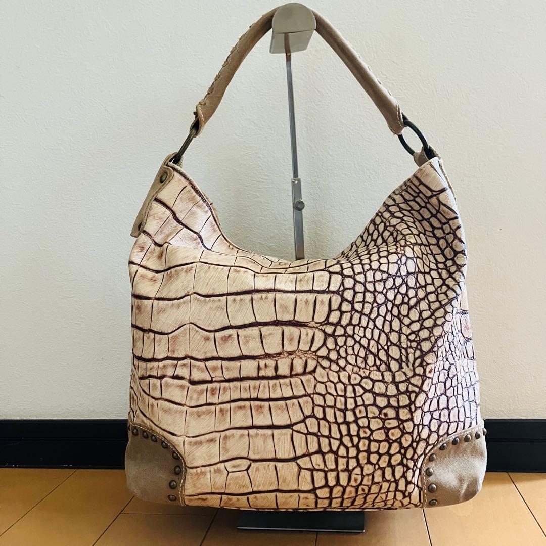 美品✨イタリア製 本革クロコ型押し 肩掛けトートバッグ ショルダーバッグ A4可