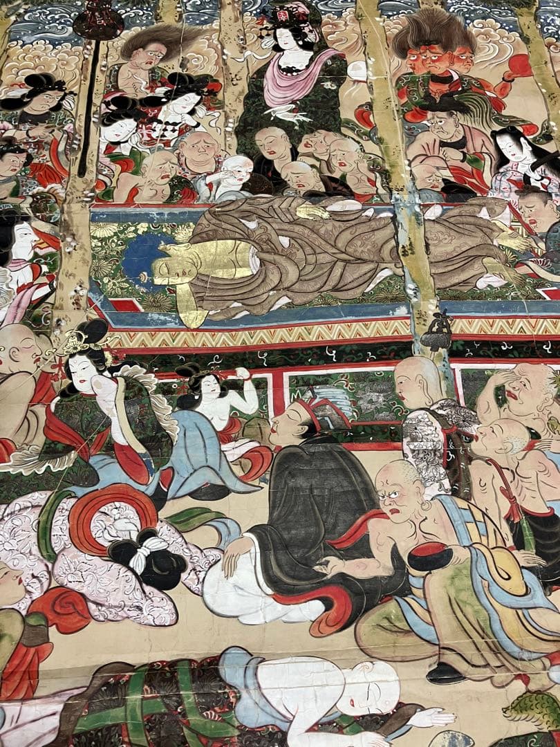 掛軸 超大幅 古仏画 『釈迦涅槃図』 紙本 肉筆 彩色 箱無 仏画 仏教美術