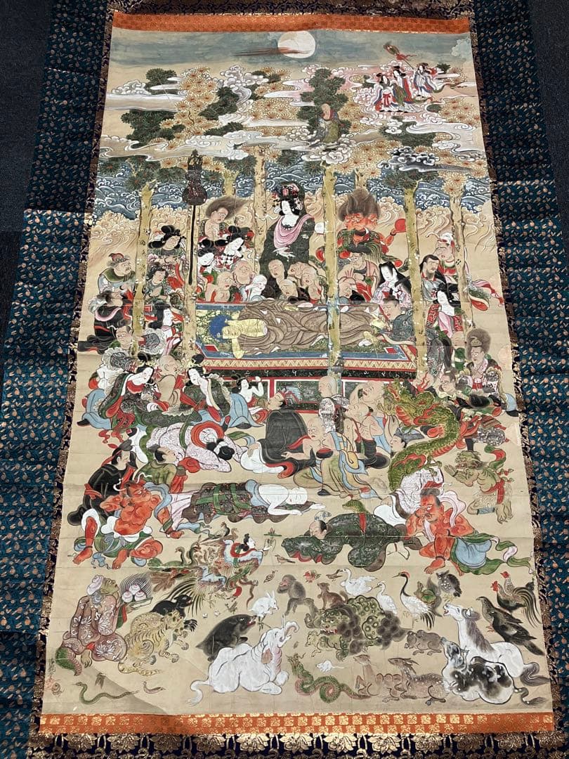掛軸 超大幅 古仏画 『釈迦涅槃図』 紙本 肉筆 彩色 箱無 仏画 仏教美術