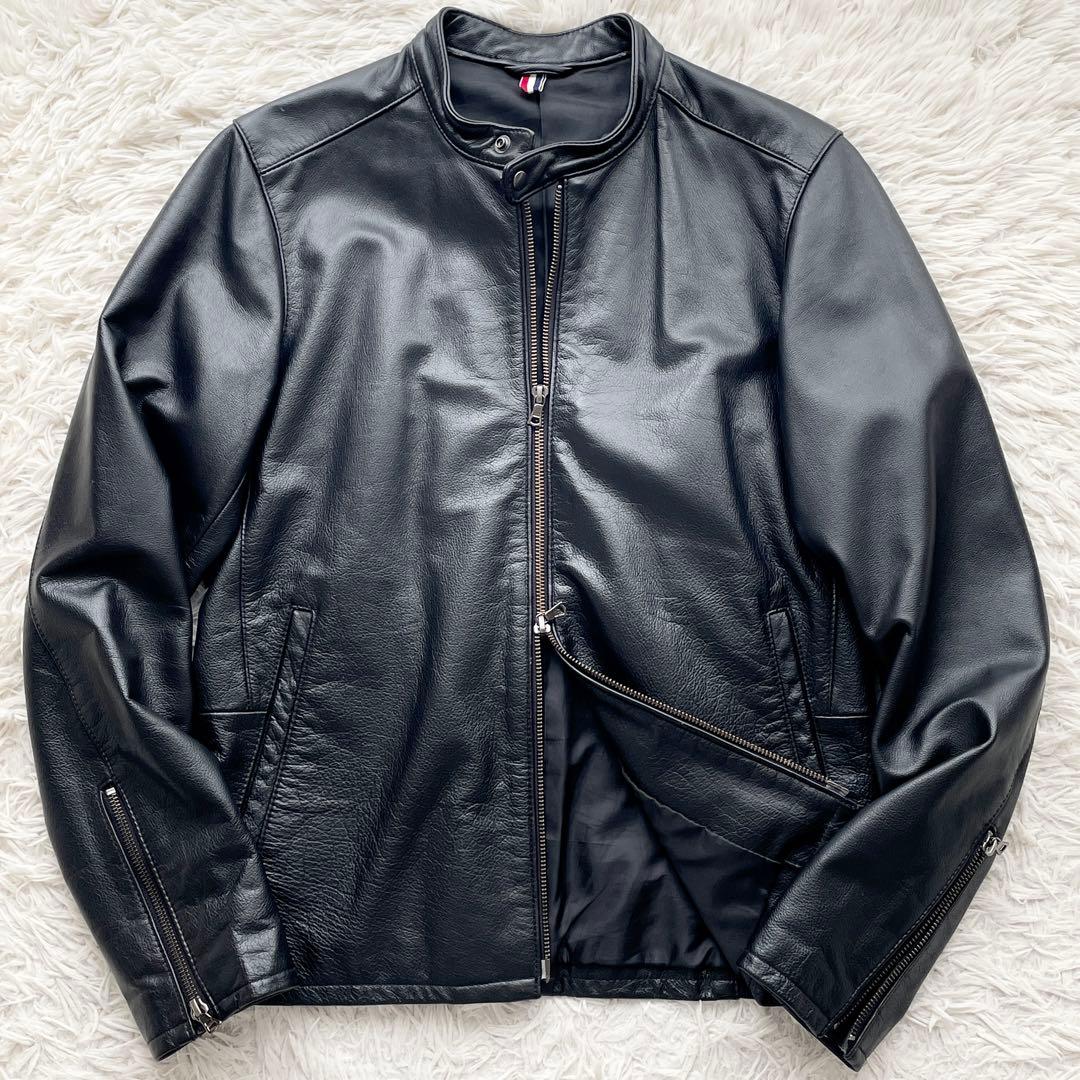 美品 BEAMS 本革 シングルライダース シボ加工 レザータグ ダブルジップ