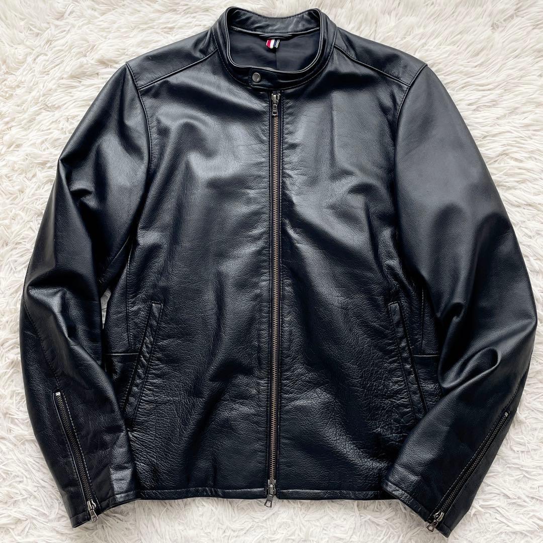 美品 BEAMS 本革 シングルライダース シボ加工 レザータグ ダブルジップ