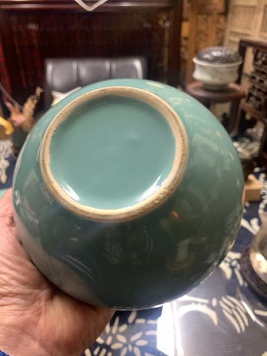 シノワズリ　龍泉？朝鮮？青磁　大口径　大茶壷　珍品　エメラルドグリーン