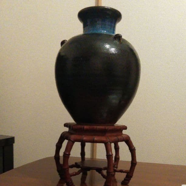 益子焼き　釉美三耳の壺