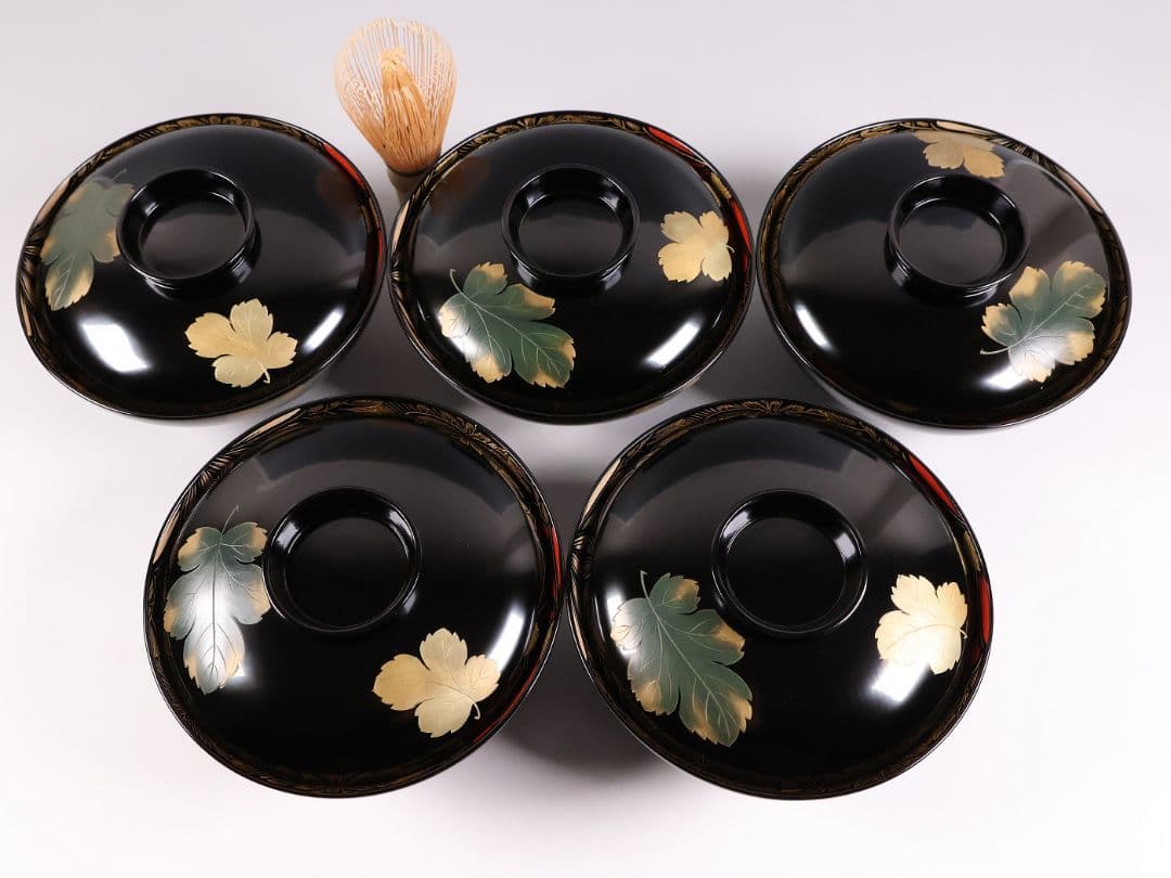 【CM366】輪島塗 塩徳屋漆器店 沈金 菊尽 煮物椀 五客 木製漆器 黒塗