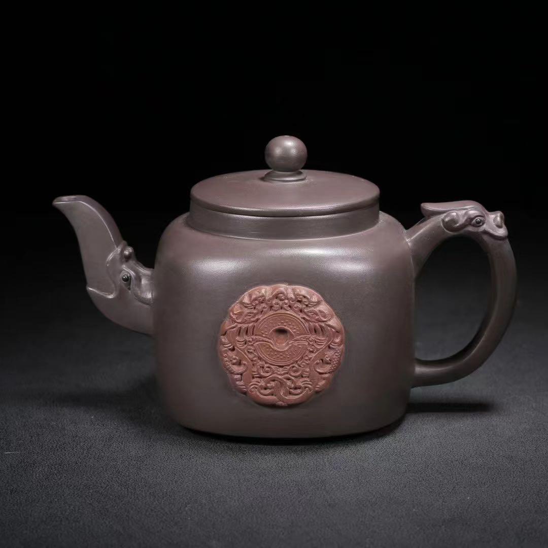 中国古美術・原鉱紫泥・竜頭四方・顧景舟製陶紋・ 紫砂壺・紫泥急須・茶道具・茶壺・