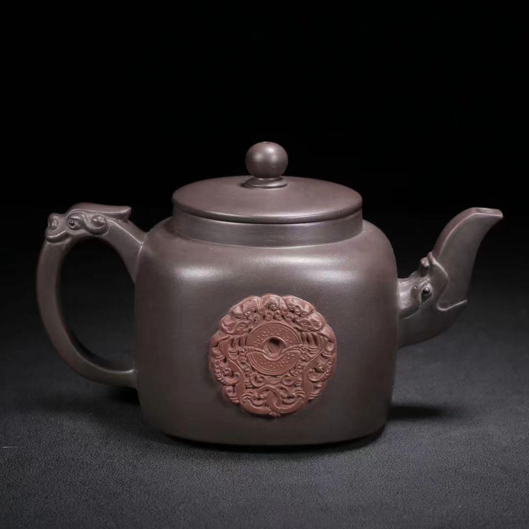 中国古美術・原鉱紫泥・竜頭四方・顧景舟製陶紋・ 紫砂壺・紫泥急須・茶道具・茶壺・