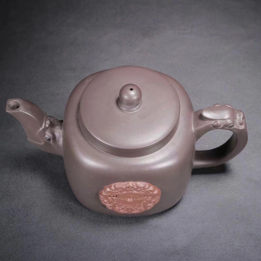 中国古美術・原鉱紫泥・竜頭四方・顧景舟製陶紋・ 紫砂壺・紫泥急須・茶道具・茶壺・