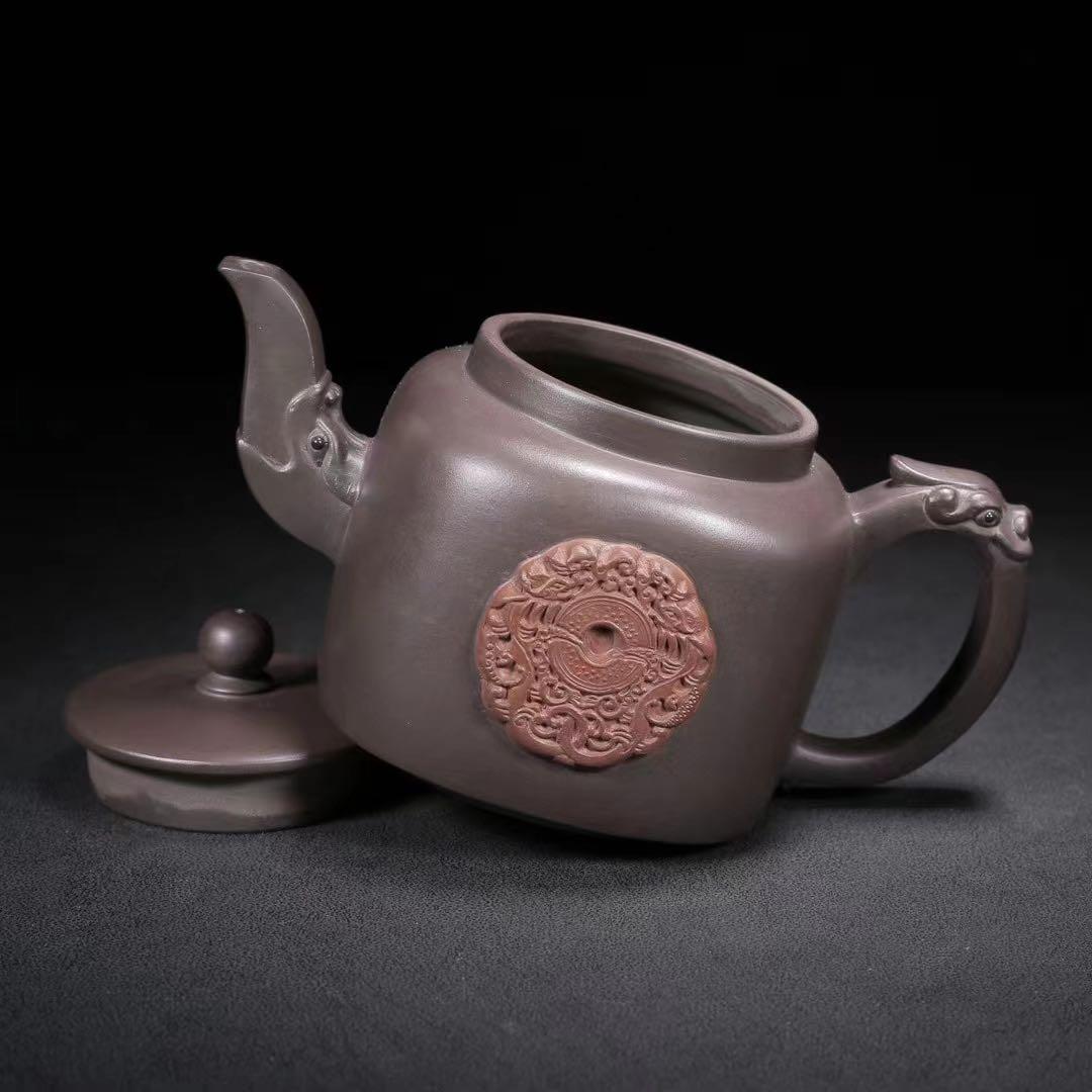 中国古美術・原鉱紫泥・竜頭四方・顧景舟製陶紋・ 紫砂壺・紫泥急須・茶道具・茶壺・