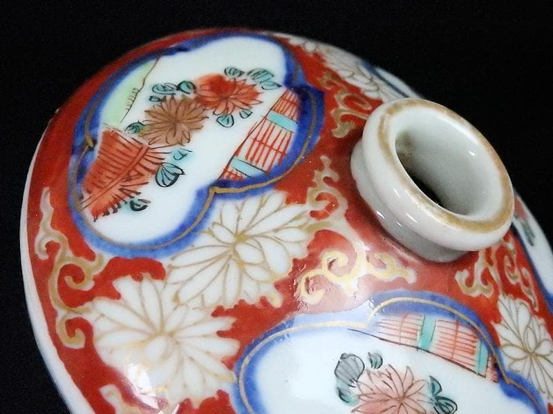 古伊万里　金襴手　窓絵　柴垣に菊の図　油壷　D184-fblw