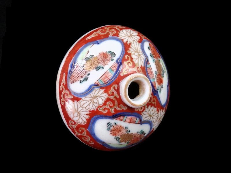 古伊万里　金襴手　窓絵　柴垣に菊の図　油壷　D184-fblw