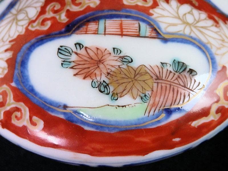 古伊万里　金襴手　窓絵　柴垣に菊の図　油壷　D184-fblw