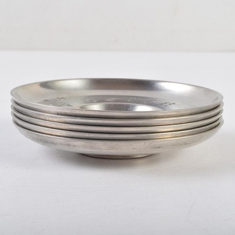 平安　邃古居　秦蔵六造　純錫　倣張萬順之作意　圓式茶托　五客　共箱　GR9455