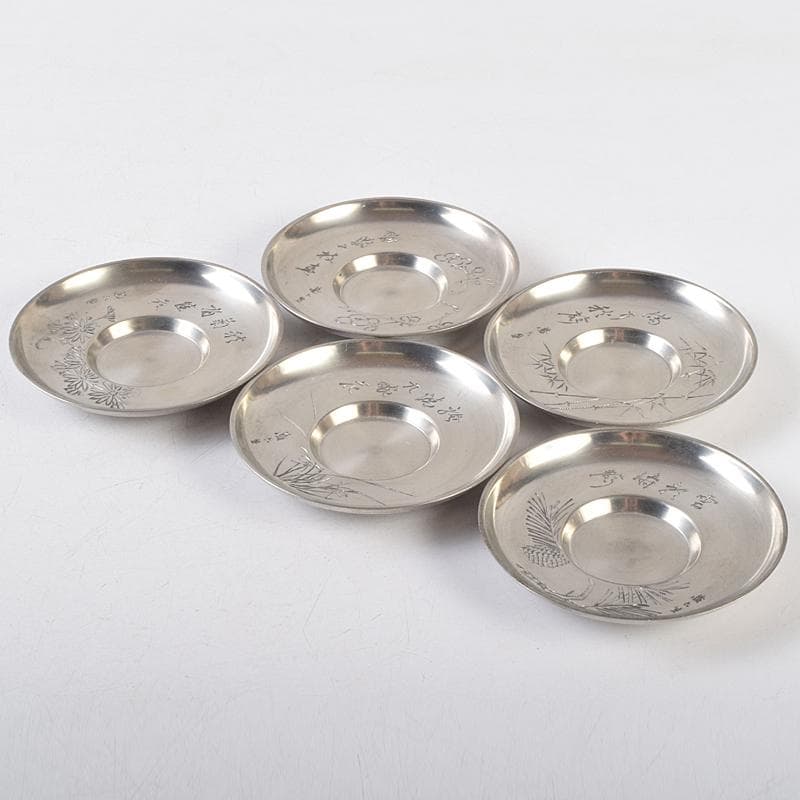 平安　邃古居　秦蔵六造　純錫　倣張萬順之作意　圓式茶托　五客　共箱　GR9455