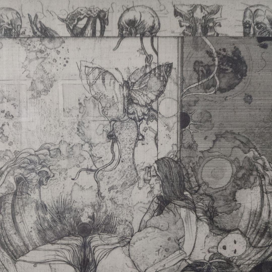 多賀新　銅版画『W45 不毛な両性』直筆サイン入　桐製額装　ウコン布&共箱付