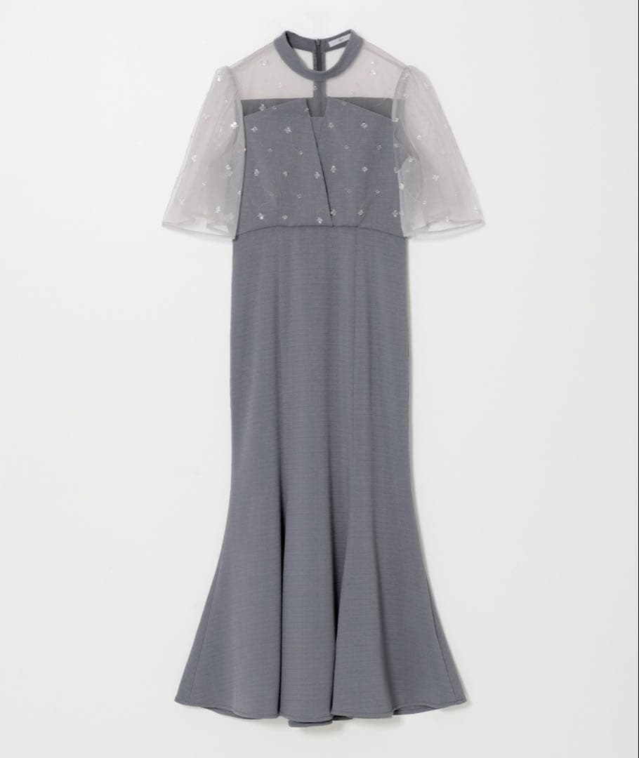 LEJA花柄ストーンスパンコールチュールオーバーラップマーメイドワンピースドレス