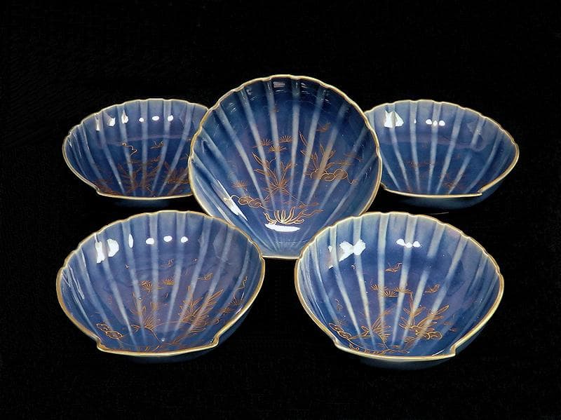 古伊万里　瑠璃色　貝の図　貝型変形皿　５枚　C803AS-BTp