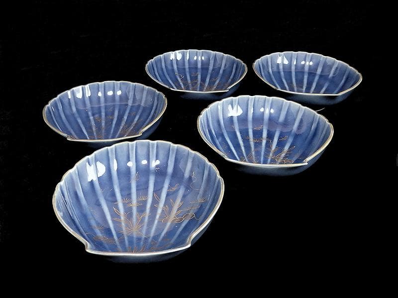 古伊万里　瑠璃色　貝の図　貝型変形皿　５枚　C803AS-BTp