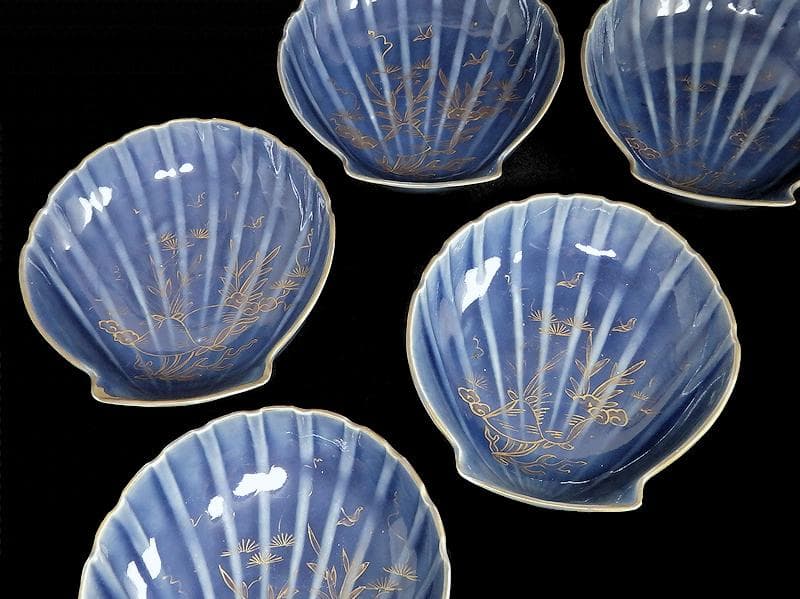 古伊万里　瑠璃色　貝の図　貝型変形皿　５枚　C803AS-BTp