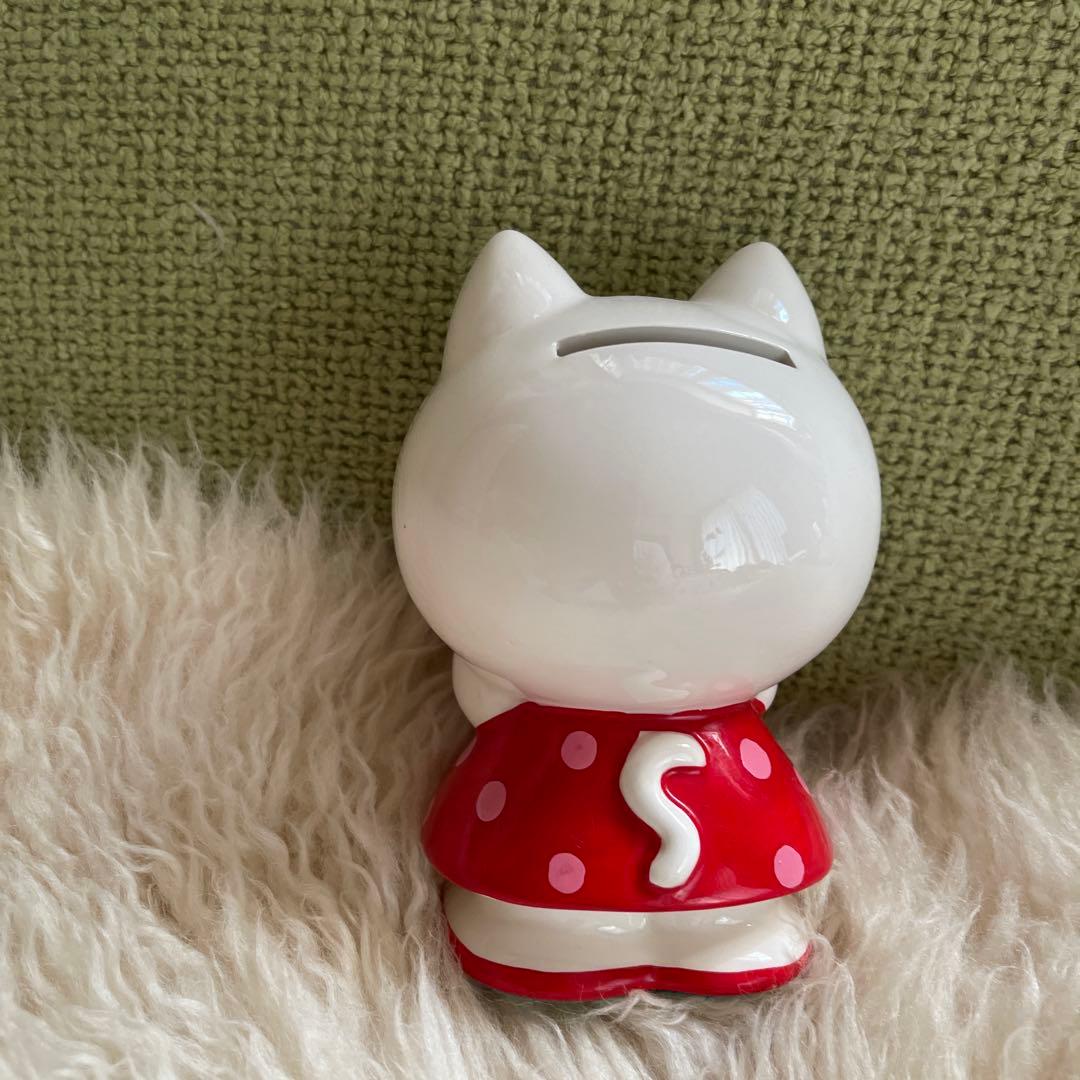 内藤ルネ✨猫ちゃん✨貯金箱 陶器製 赤い水玉