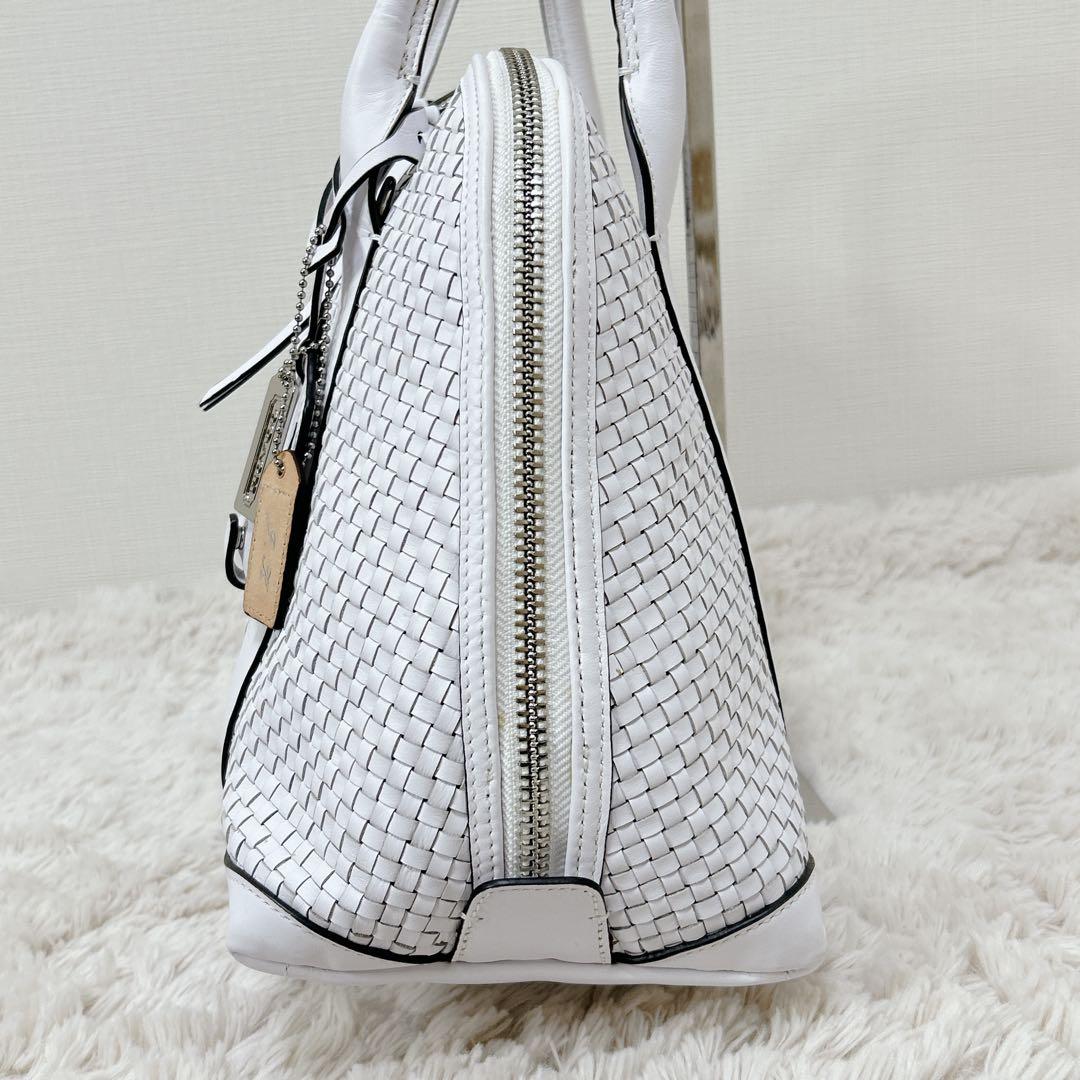上品 COACH レザー ハンドバッグ ショルダー 2way 編み込み ホワイト