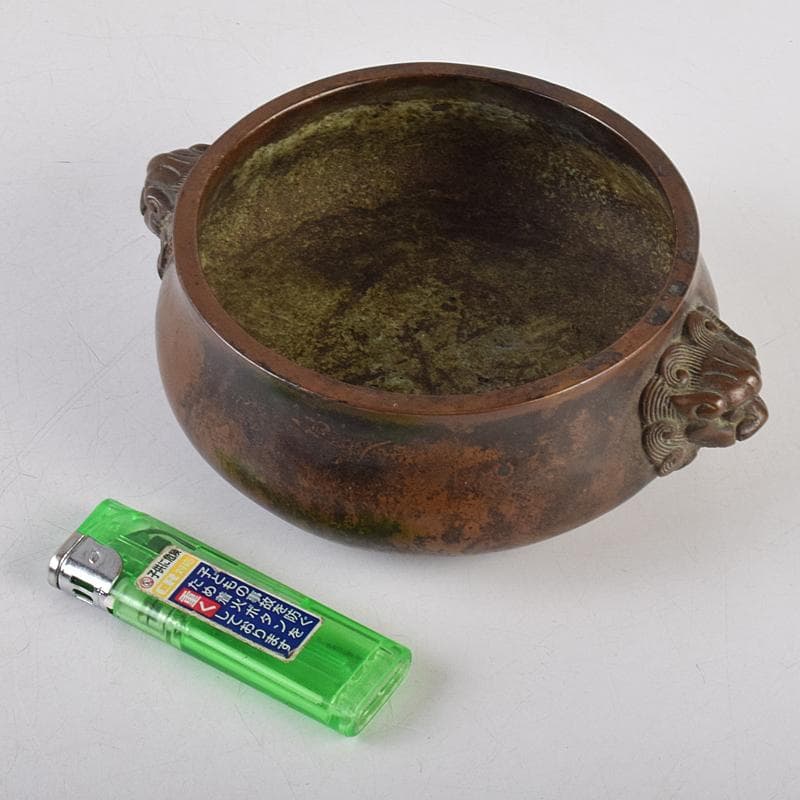 NM　中国　古銅　双獅子耳香炉　在銘　M　R9067