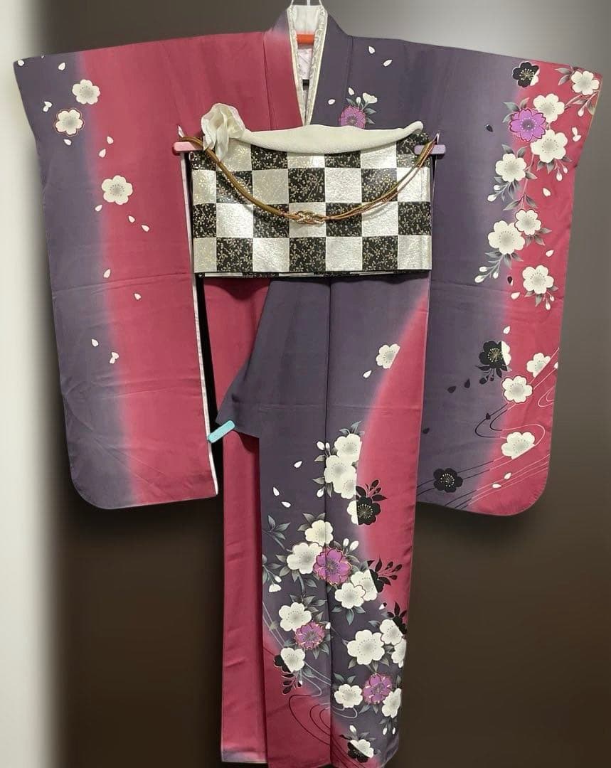 振袖フルセット　赤紫　桜　正絹　トールサイズ　商品説明必読！