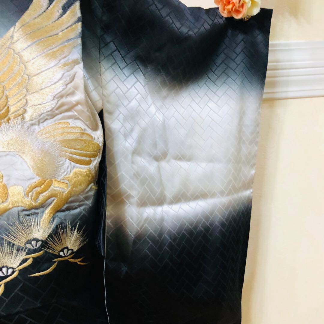 七五三 五歳‼️黒地グレー系 黄金鷹 金糸刺繍‼️袴未使用しつけ付き‼️完全フルセット