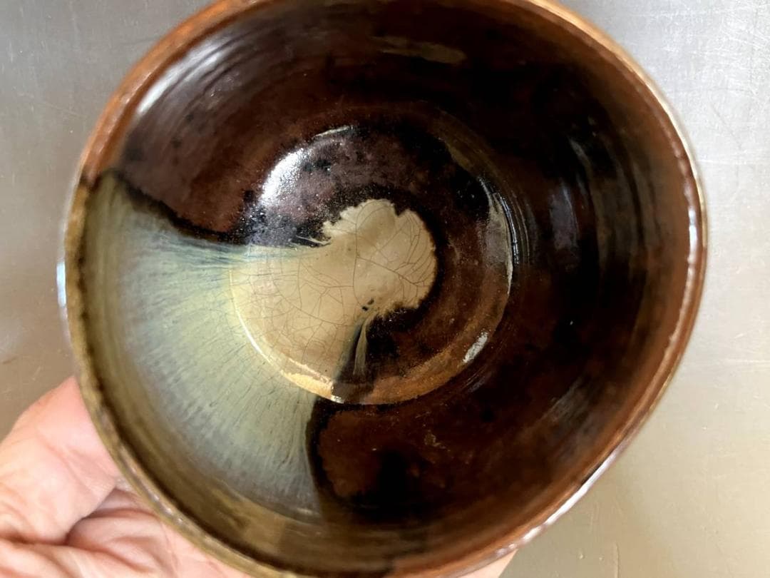 茶碗■膳所焼き 掛分筒茶碗 淡海ぜぜ 陽炎園造 お茶道具 共箱 時代物 骨董品■