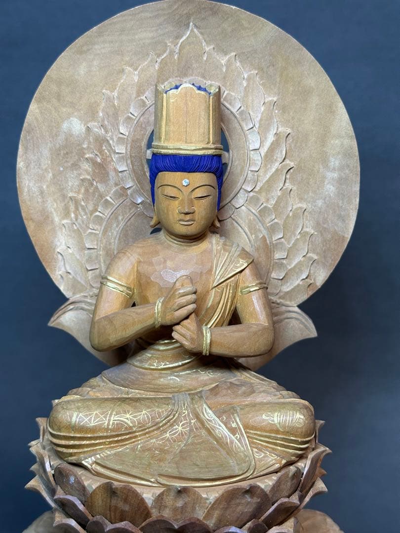 白檀　金泥書　大如来3寸　六角ケマン台　木彫り　仏像　アンティーク　置物　骨董