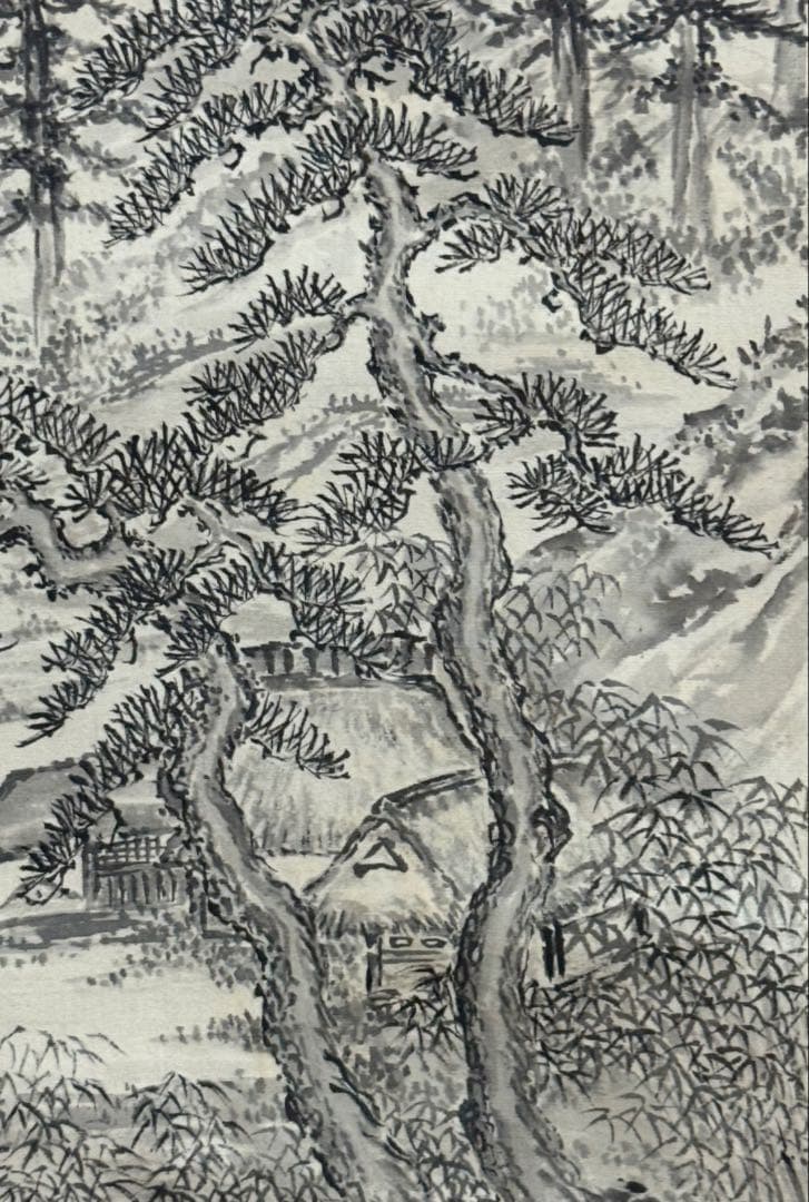 仙峰筆　絹本肉筆　水墨画山水圖　掛軸　送料込み250902