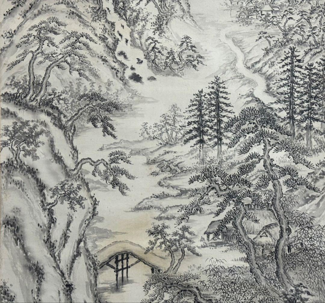 仙峰筆　絹本肉筆　水墨画山水圖　掛軸　送料込み250902