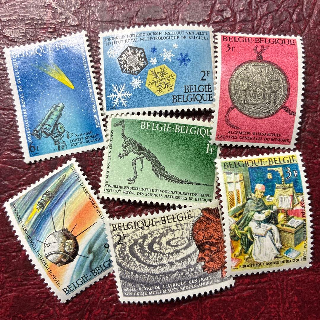 76804セール現品限　外国切手　ベルギー発行結晶他7種揃恐竜彗星