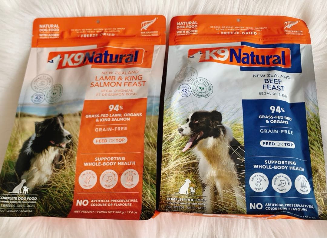 k9 ナチュラル　ビーフ・フィースト500g、ラム&キングサーモン　500g