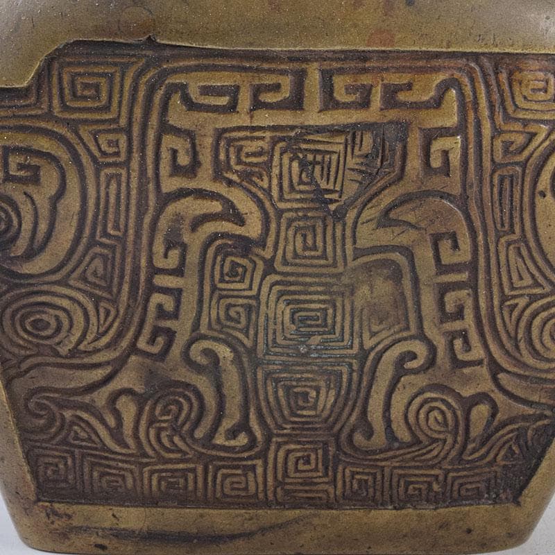 中国　古銅　饕餮文　持ち手付　墨壷　透かし蓋香炉　V　R8871