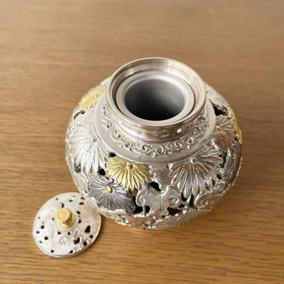 市橋敏雄 金銀彩 菊透かし文 華香炉 茶道具 共箱 未使用品