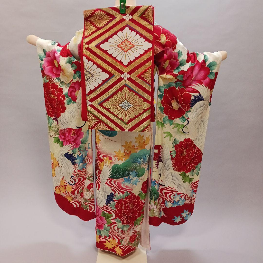 豪華　牡丹×鶴　振袖フルセット　クリーム色