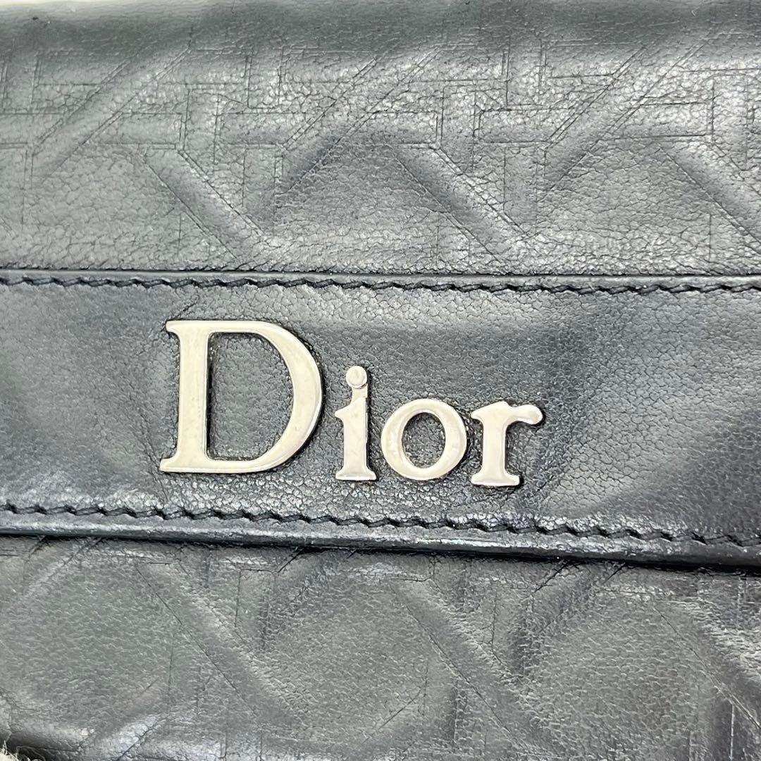 クリスチャンディオール 二つ折り財布 ロゴ金具 エンボス 黒 レザー 男女可能