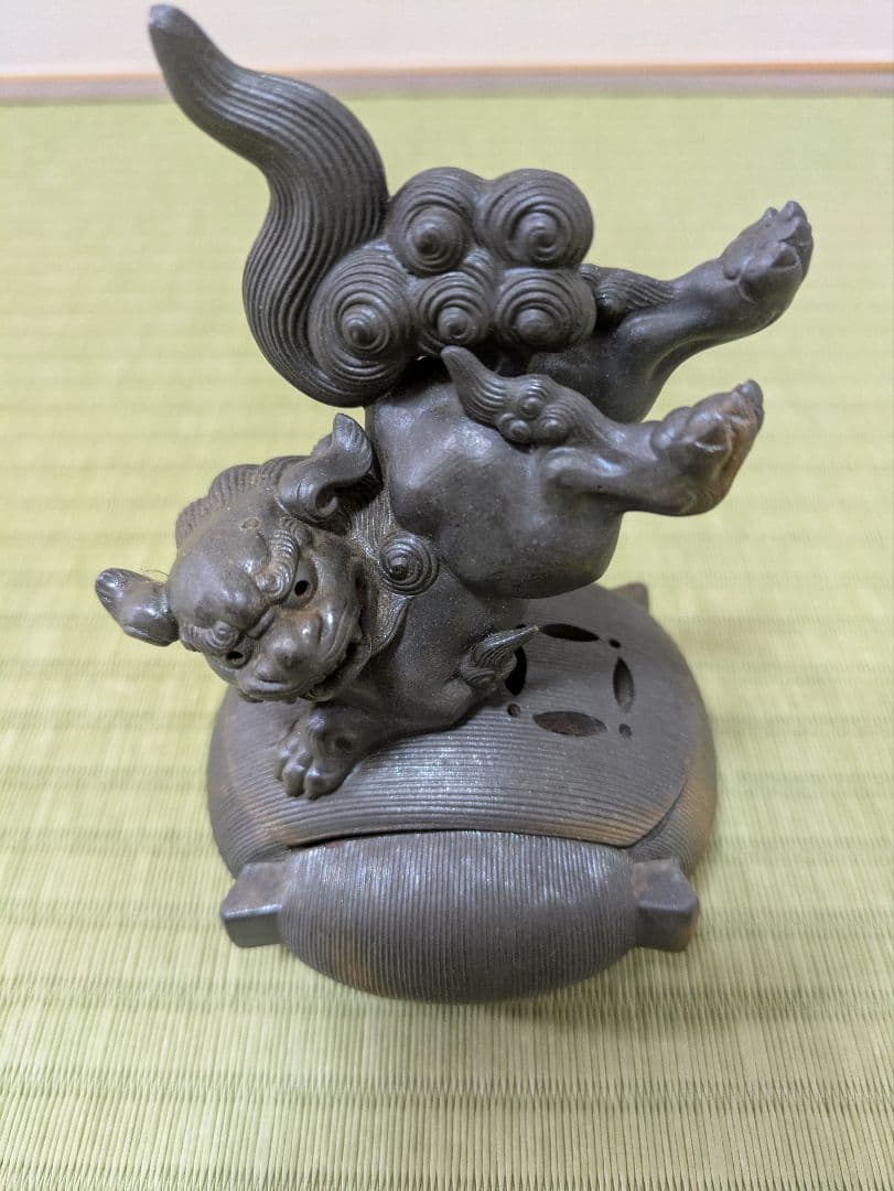 【備前焼　糸巻獅子香炉　西村安次郎作】獅子と雲の置物 木製箱付き