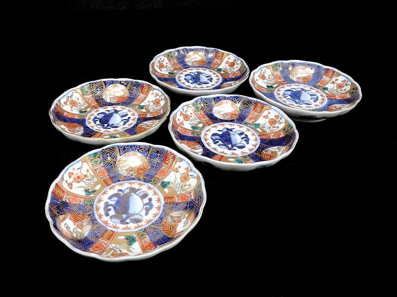 古伊万里　金襴手　富士に梅　笹に柘榴の図　４寸皿　５客　上手　145AS-CBh