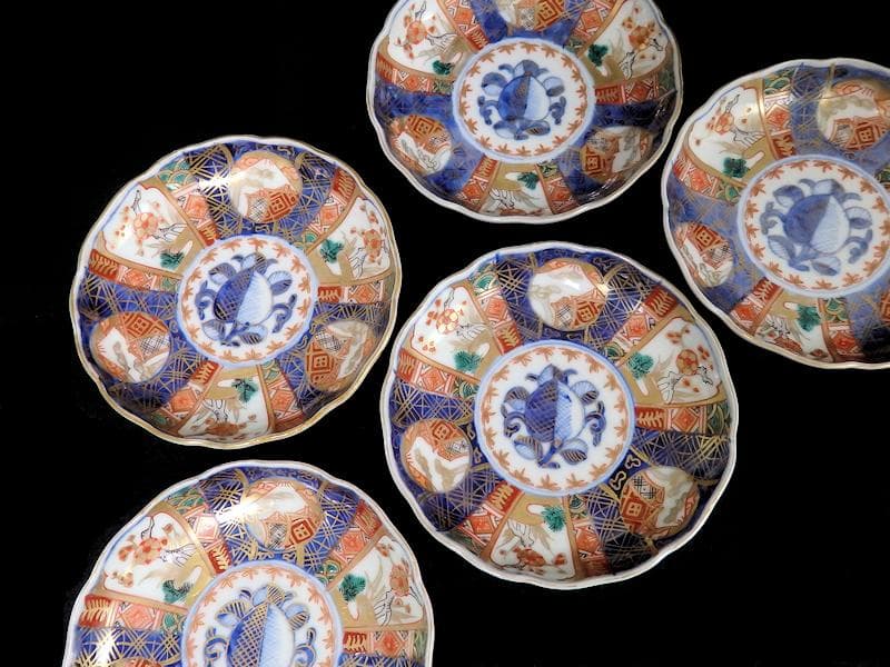 古伊万里　金襴手　富士に梅　笹に柘榴の図　４寸皿　５客　上手　145AS-CBh