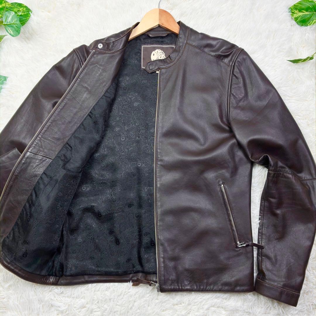 美品　プリティーグリーン　オールレザー　シングルライダース　XL　ブラウン