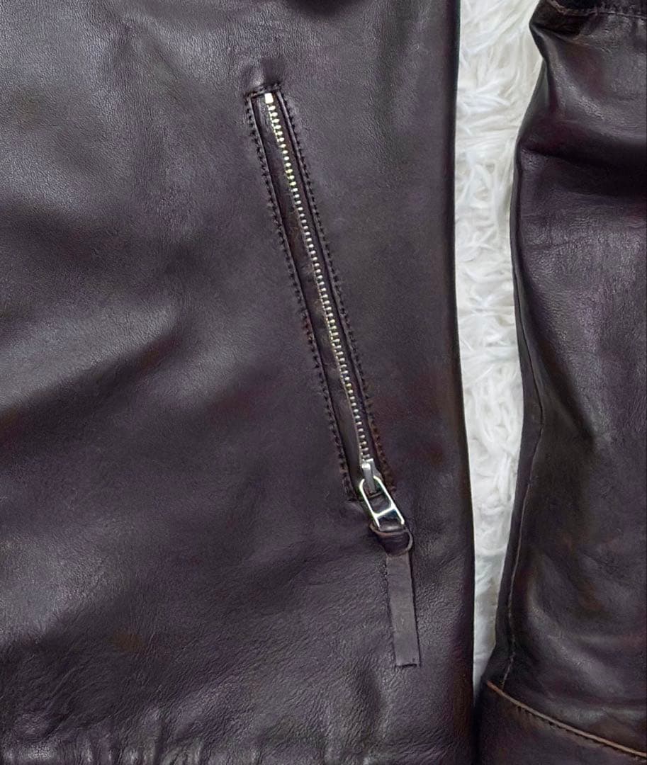 美品　プリティーグリーン　オールレザー　シングルライダース　XL　ブラウン