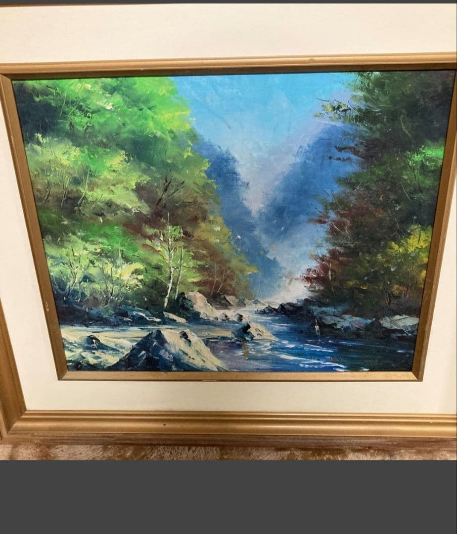 風景画 油彩画 森の中の川を描いた油絵です