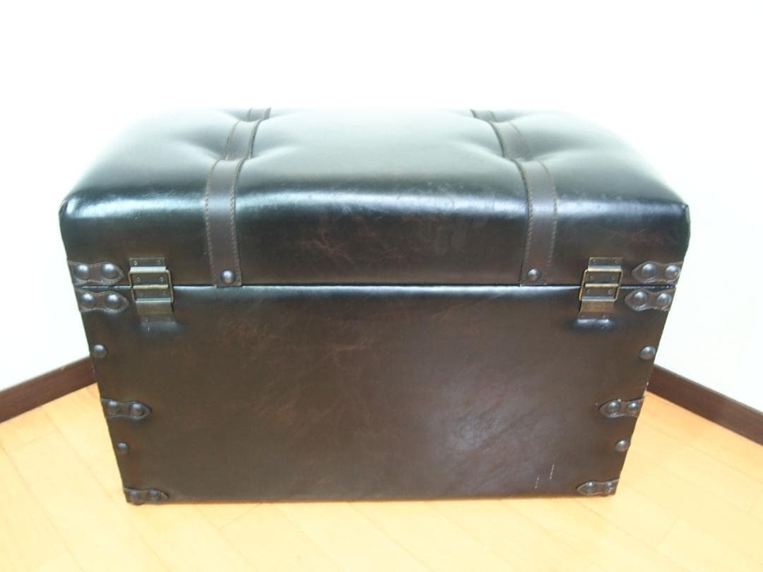 【良品】鋲打ち/革張り 収納スツール/椅子/ベンチ/レコードケース 黒/ブラック