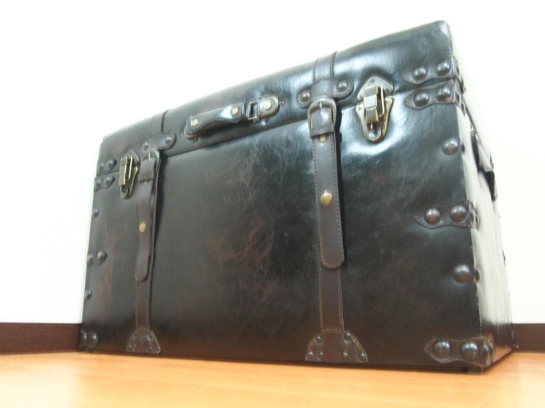 【良品】鋲打ち/革張り 収納スツール/椅子/ベンチ/レコードケース 黒/ブラック