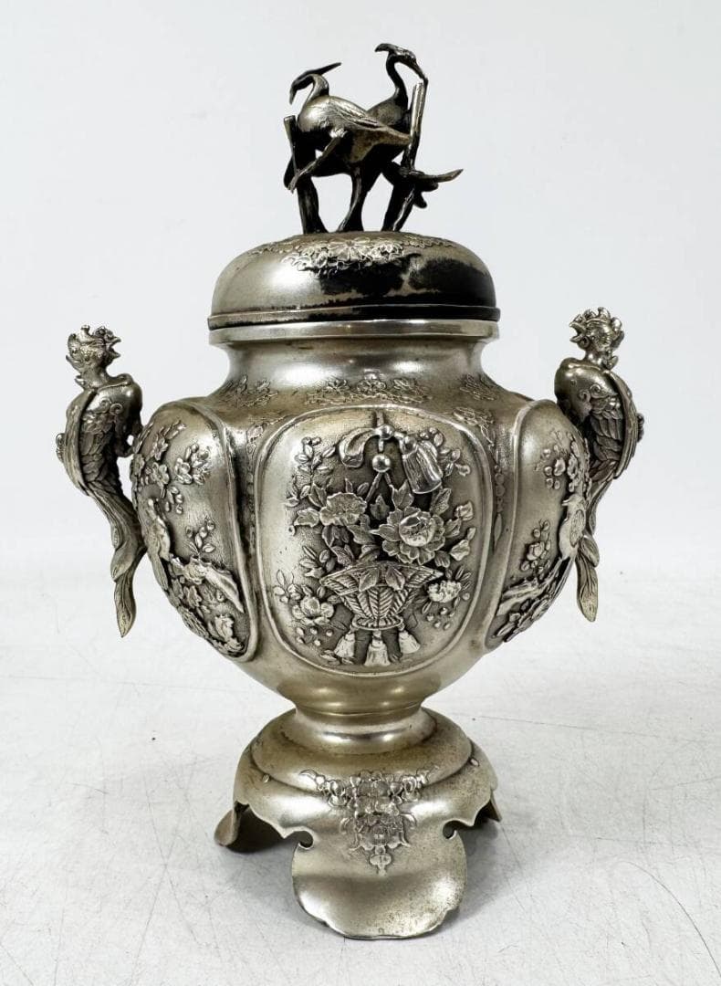 稀少　香炉　銀製品　精密彫　双鶴花鳥三足香炉　骨董　古美術　茶道具　古道具