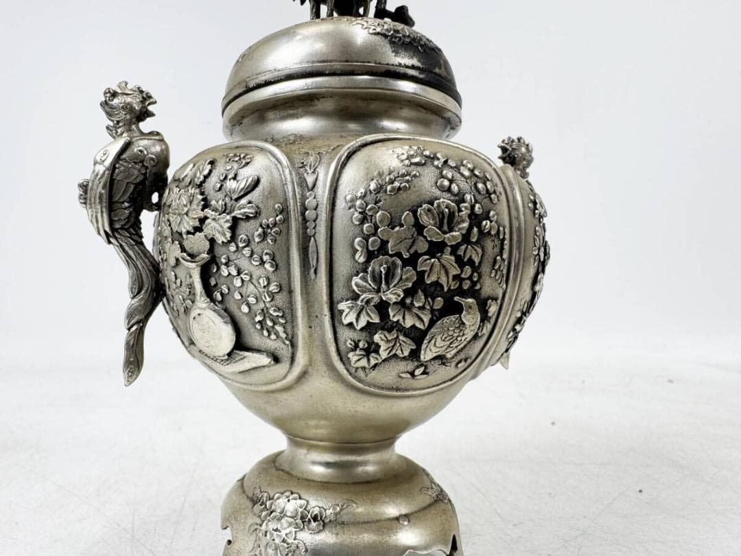 稀少　香炉　銀製品　精密彫　双鶴花鳥三足香炉　骨董　古美術　茶道具　古道具