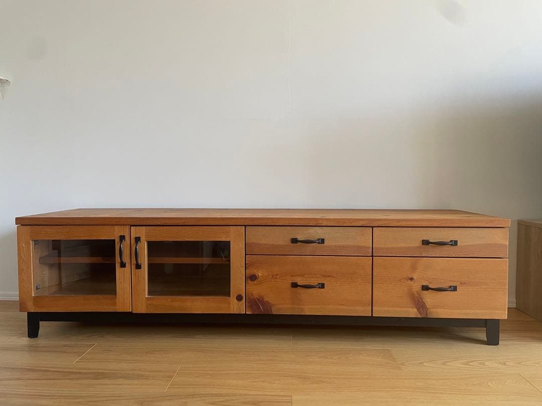 木製テレビ台 ガラス扉付き 4引き出し　アイアン