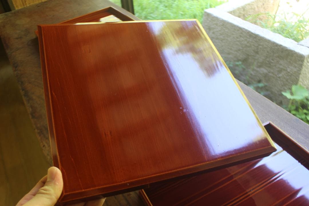 デッドストック！春慶塗の入れ子四方折敷大中小セット（検懐石盆お盆お膳